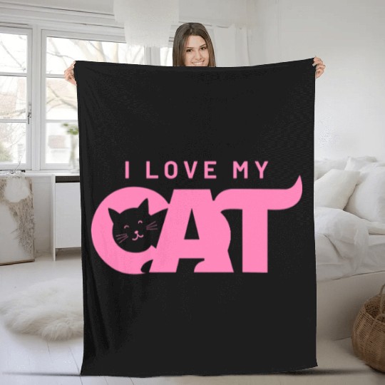I Love My Cat – Cute Pink Cat Face Graphic Fleece Blankets