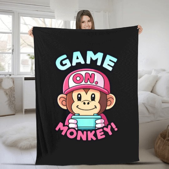 Game On Monkey Handheld Retro 90s. Fleece Blankets