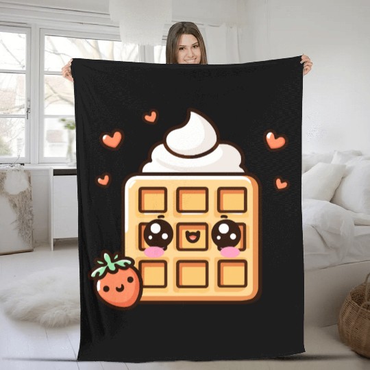 Kawaii Dessert Waffle with Strawberry Fleece Blankets