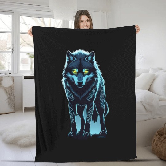 Tribal Night Wolf with Glowing Eyes Fleece Blankets