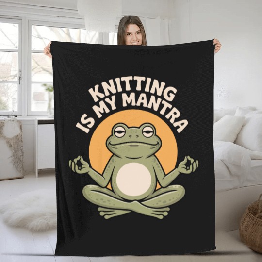 Meditative Frog Knitting Quote Fleece Blankets