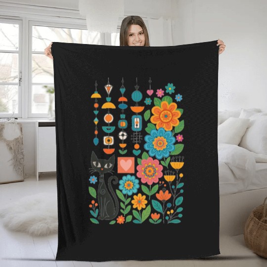 Midnight Cats Blooming Charms Fleece Blankets