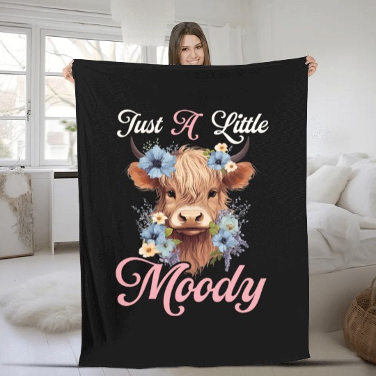Highland Cow Just A Little Moody Funny Farm Farmer Fleece Blankets