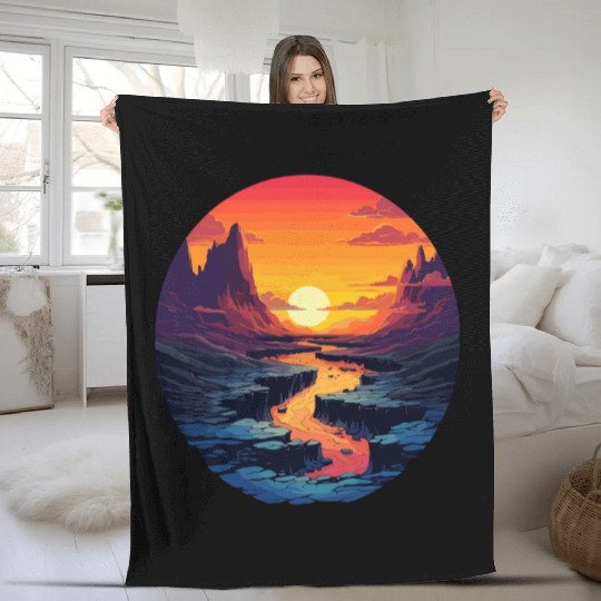 Sunset Mountain River Serenity Landscape Fleece Blankets