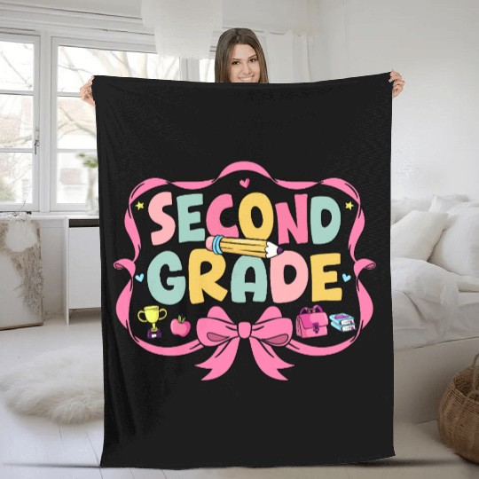 Preppy Back To School Second Grade Coquette Bow Fleece Blankets