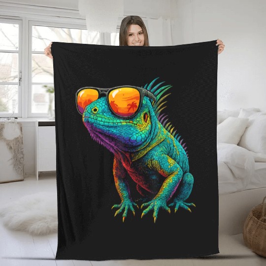 Cool Neon Iguana with Sunset Sunglasses Fleece Blankets