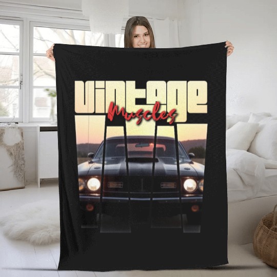 Vintage Muscle Car Sunset Poster Retro American Fleece Blankets