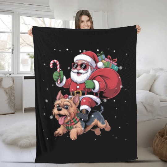Santa Claus Yorkie Dog Christmas In July Fleece Blankets