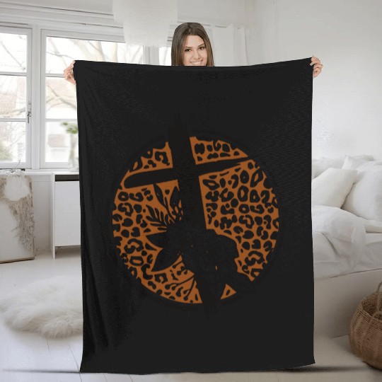 Leopard Print Cross with Flowers Fleece Blankets