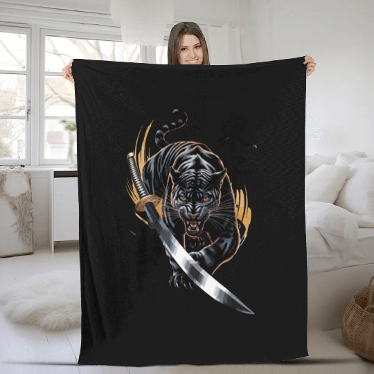 Fierce Black Panther With Samurai Sword Fleece Blankets