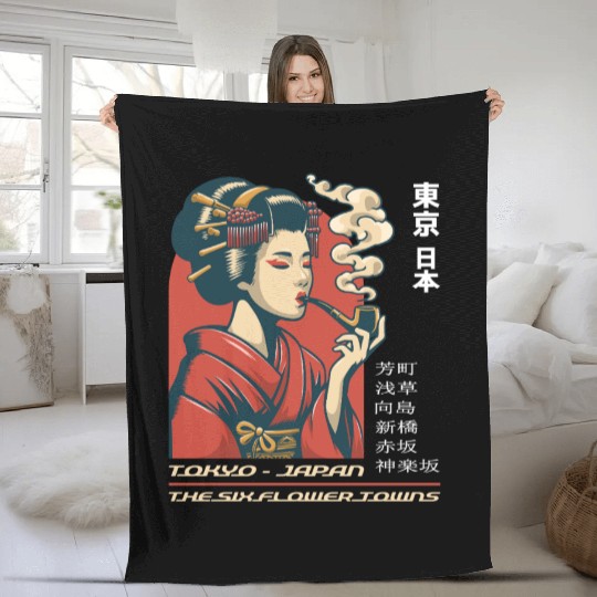 Japan Tokyo Geisha Pipe Six Flower Towns Souvenir Fleece Blankets