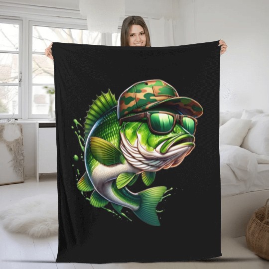 Camo Hat Bass Fish with Green Sunglasses Fleece Blankets