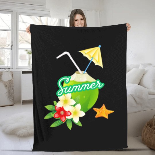 Tropical Summer Coconut with Flowers Fleece Blankets