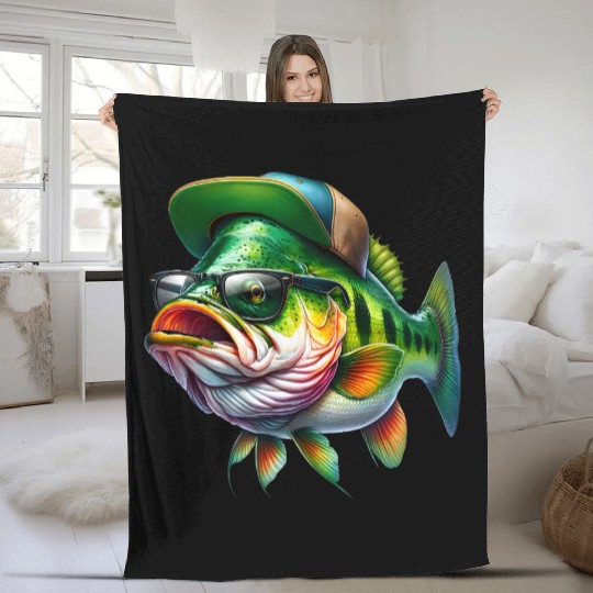 Cool Bass Fish with Green Hat and Glasses Fleece Blankets