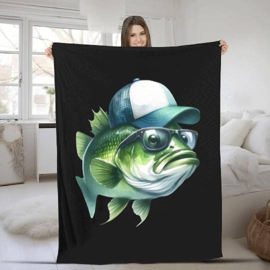 Cool Green Bass with Trucker Hat and Sunglasses Fleece Blankets