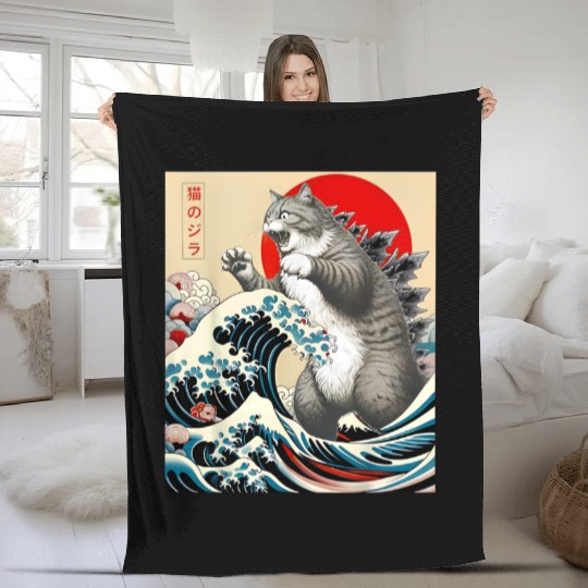 Catzilla Cat Japanese Art Funny Cat Fleece Blankets