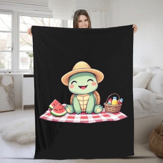 Whimsical Picnic Turtle Illustration Fleece Blankets