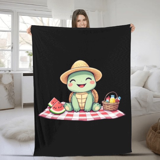 Whimsical Picnic Turtle Illustration Fleece Blankets