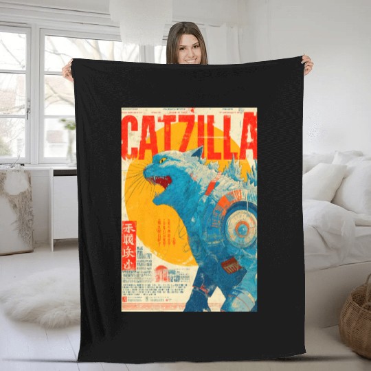 Catzilla Retro Movie Poster Fleece Blankets