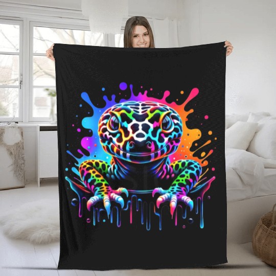 Neon Psychedelic Lizard Illustration Fleece Blankets