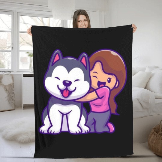 Cute Girl Hugging Playful Husky Design Fleece Blankets