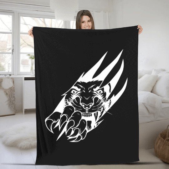 Panther Claw Rip White Outline Fleece Blankets