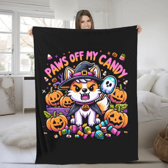 Halloween Welsh Corgi Witch Paws Off My Candy Fleece Blankets