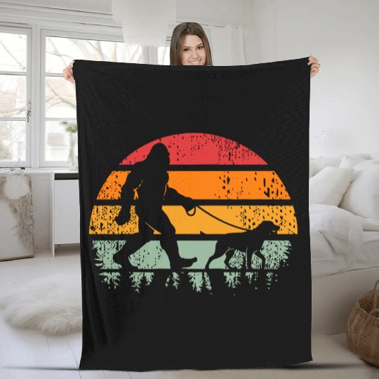Bigfoot Running Dog Sunset Retro Fleece Blankets