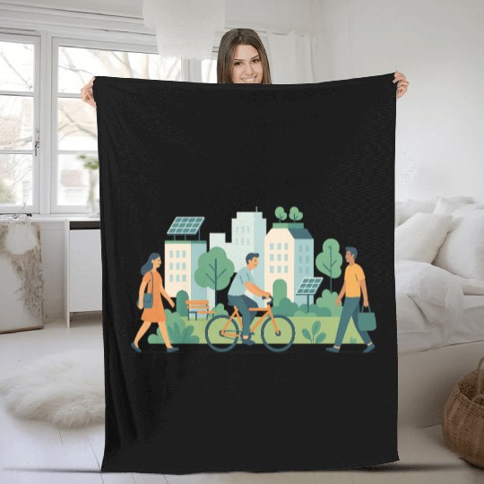 Eco-Friendly Urban Cycling Scene Fleece Blankets