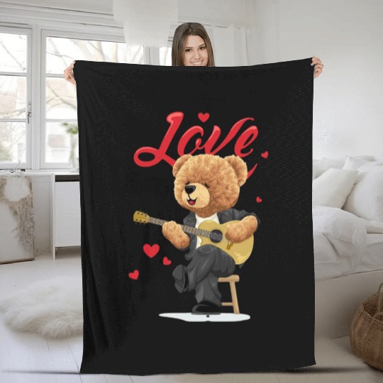 Cute Bear Love Guitar Illustration Fleece Blankets