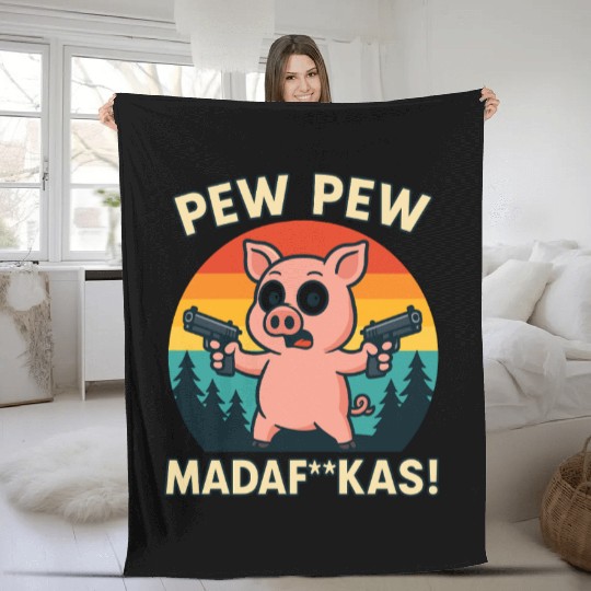 Pew Pew Pig with Guns Fleece Blankets