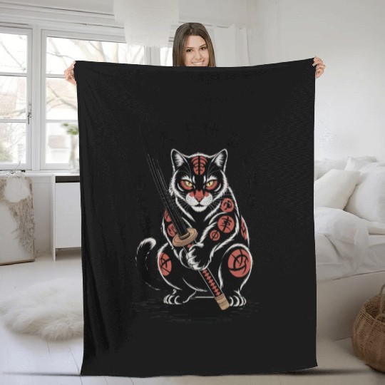 Mythical Japanese Warrior Cat Design Fleece Blankets