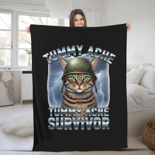 Funny Brave Cat Tummy Ache Survivor Meme Art Fleece Blankets