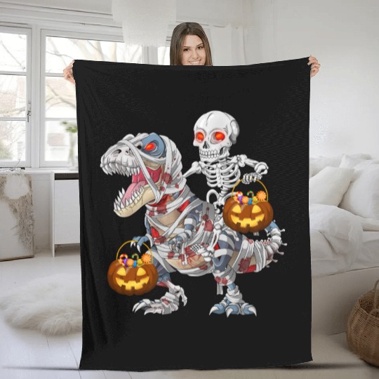 Skeleton Riding Zombie Mummy Dinosaur Halloween Fleece Blankets