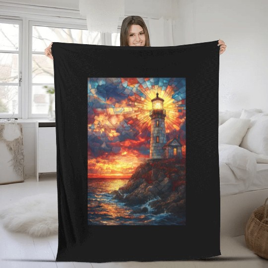 Stained Glass Lighthouse Sunset Fleece Blankets