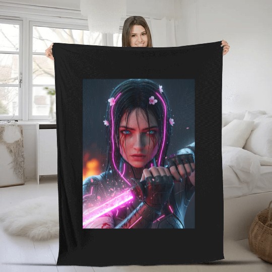 Cyberpunk Samurai Girl Fleece Blankets