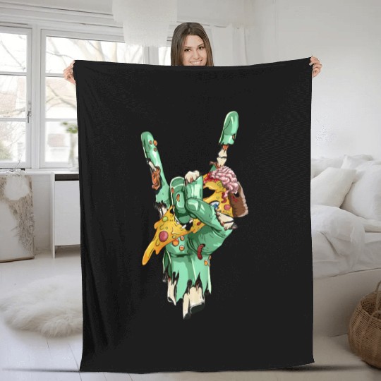 Zombie Rock Hand Holding Zombie Pizza Halloween  Fleece Blankets