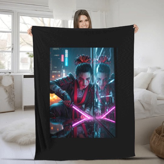 Cyberpunk Samurai Girl Fleece Blankets