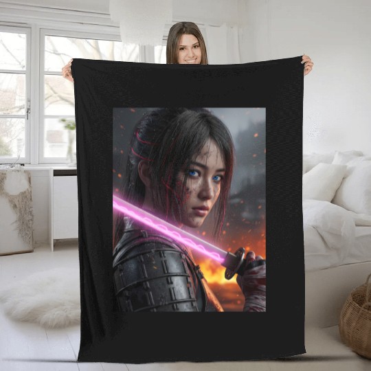 Cyberpunk Samurai Girl Fleece Blankets