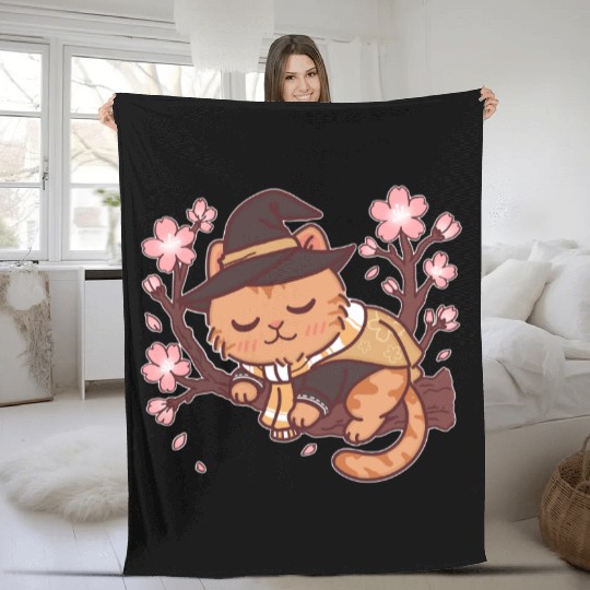 Whimsical Witch Cat in Cherry Blossom Tree Fleece Blankets