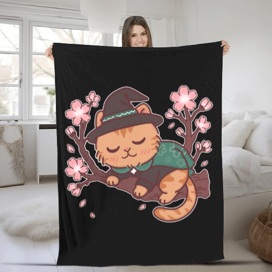 Whimsical Wizard Cat in Blooming Cherry Tree Fleece Blankets