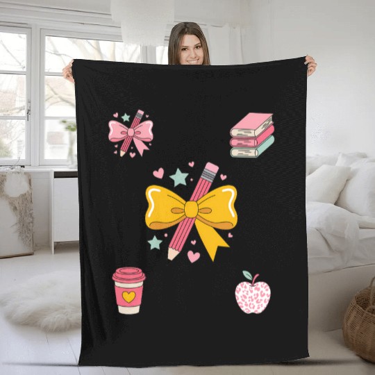 Apple Coquette Bow Books First Day of School Back  Fleece Blankets