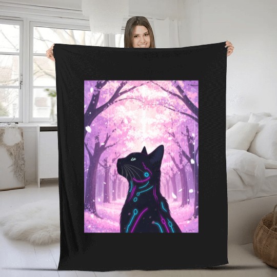 Midnight Cyber Cat | Pink Cherry Blossom Forest Fleece Blankets
