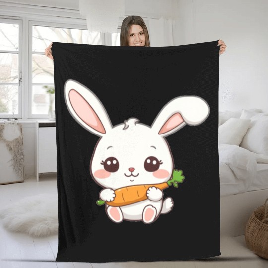 Cute Bunny with Carrot Illustration Fleece Blankets
