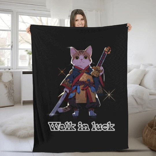 Samurai Cat Illustration for Apparel Fleece Blankets