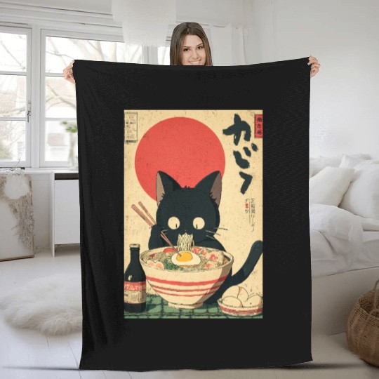 Ramen Cat Retro Poster Fleece Blankets