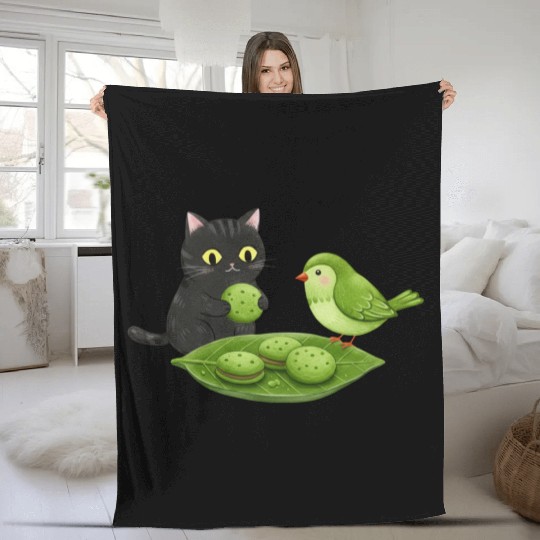 Whimsical Cat Bird Snack Scene Fleece Blankets