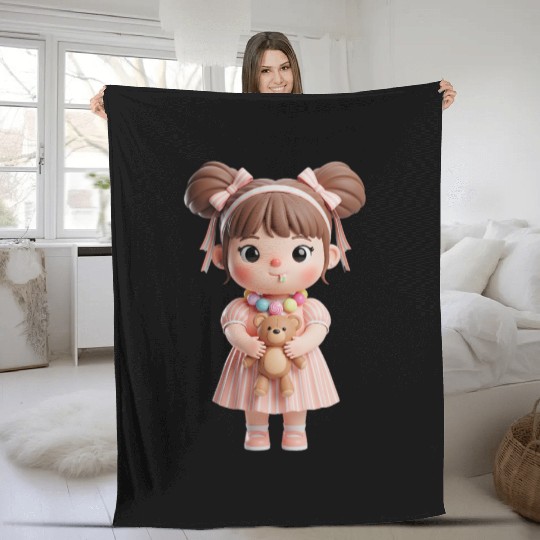Sweet Candy Girl with Teddy Bear Fleece Blankets
