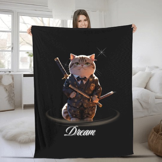 Samurai Cat in Formal Kimono Fleece Blankets