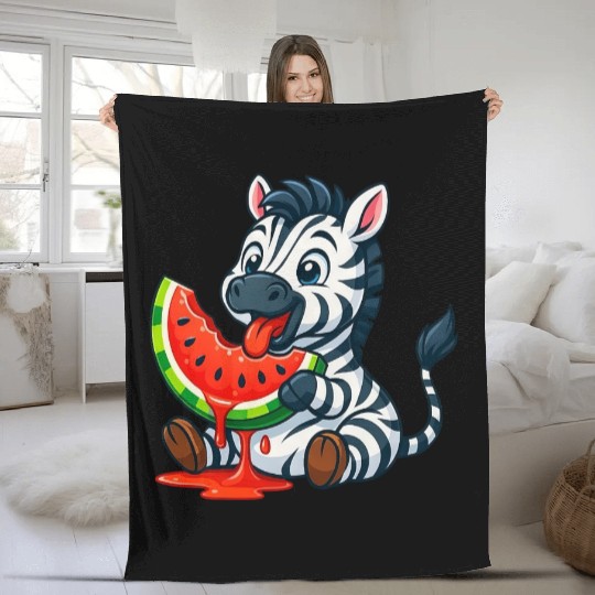 Cute zebra with watermelon summer cartoon Fleece Blankets
